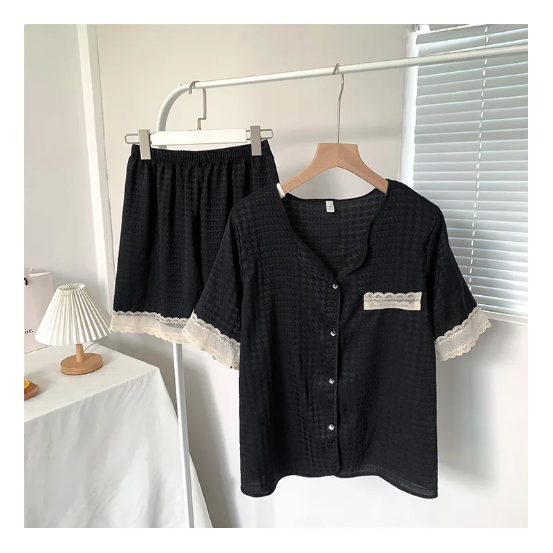 Summer Houndstooth Ice Silk Smooth Breathable Cardigan Short Sleeve Shorts Pajama Sets, Casual Loungewear,Home Clothes Sleepwear