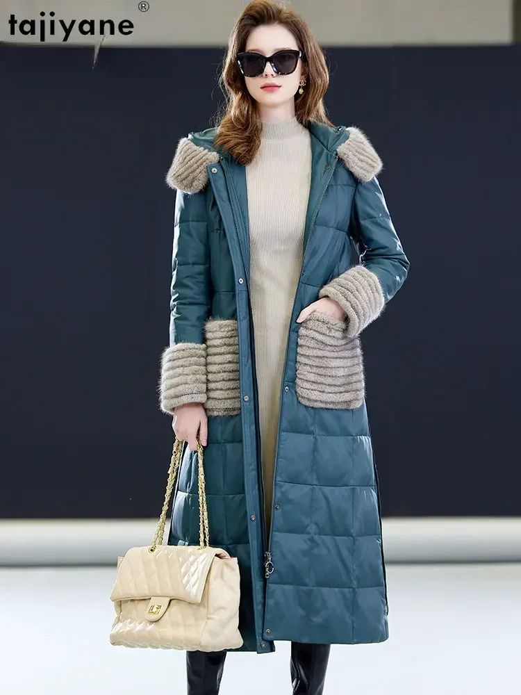 Женский пуховик средней длины Tajiyane из натуральной овечьей кожи с капюшоном