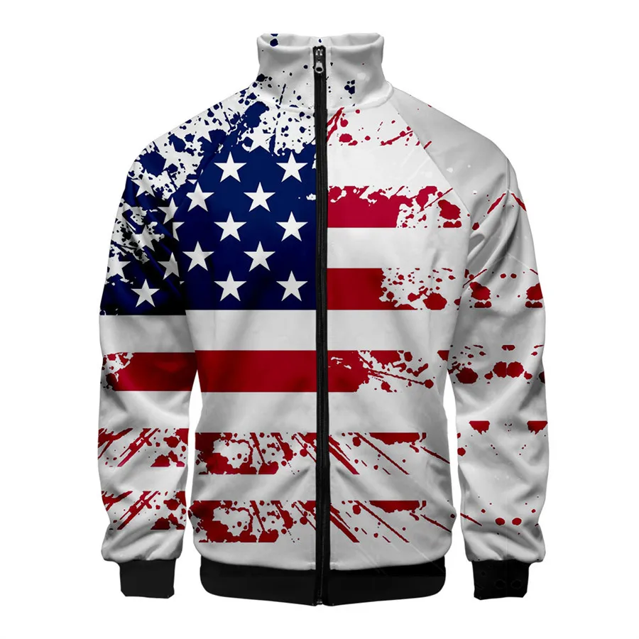 USA Flag American Stars and Stripes 3D Stand Collar Hoodies Men Women Zipper Hoodie Casual Long Sleeve Jacket Coat Clothes