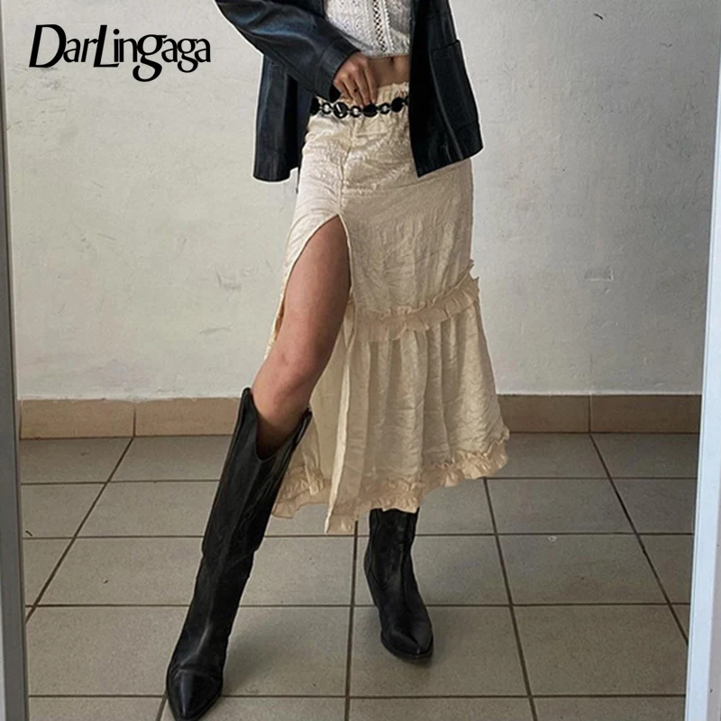 

Darlingaga Streetwear Chic Ruffles Spliced Slit Satin Skirt Clubwear Party Summer Long Skirts for Women Fashion 2023 Elegant Y2K