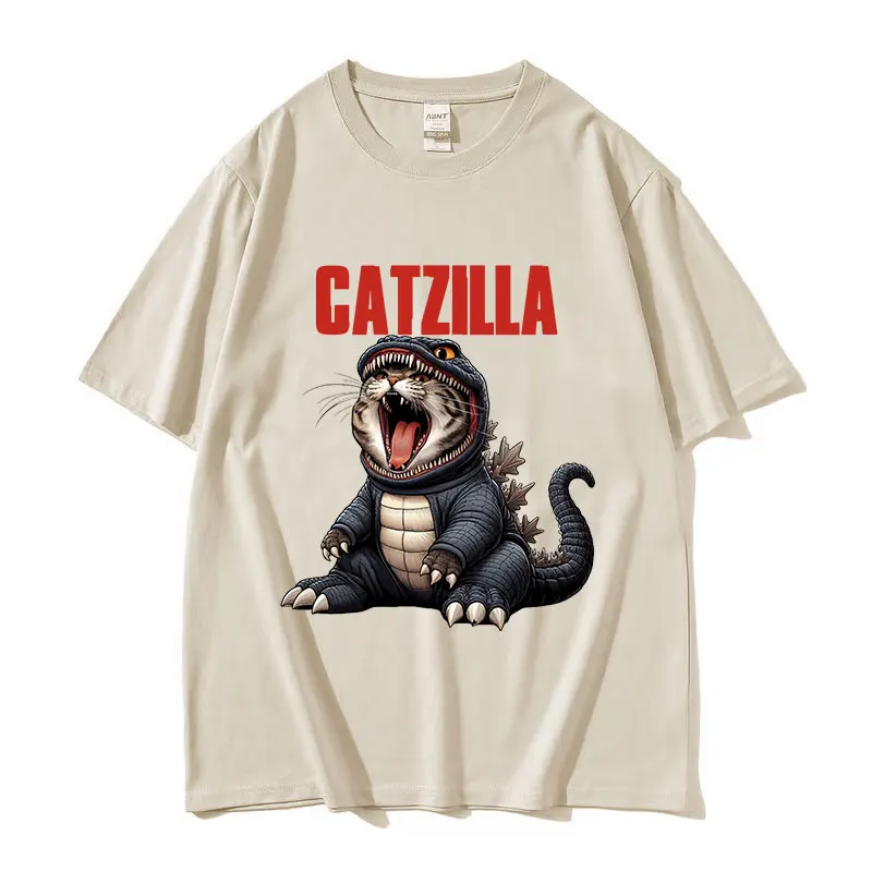 Funny Catzilla Cat Meme T Shirt Men Women Retro High Quality Fashion T-shirts Summer O-Neck Oversized Cotton T-shirt Streetwear