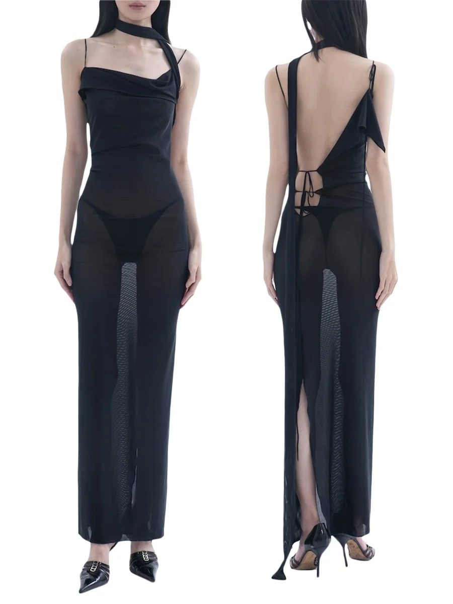 

Awoscut Women s Summer Mesh Sheer See Through Dress Sleeveless Club Beach Dress Swimsuit Bikini Cover Ups Swimwear (Black S)