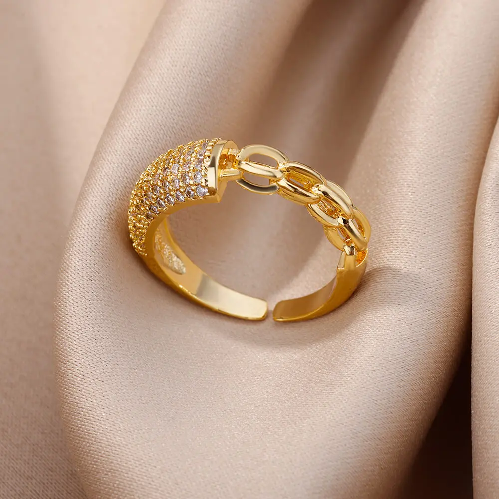 

Micro Zircon Rings for Women Gold Plated Opening Stainless Steel Ring Adjustable Anillos Aesthetic Wedding Jewelry bague femme
