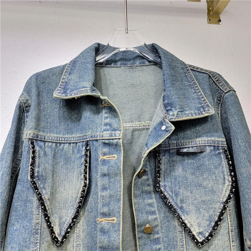 Короткая джинсовая куртка из бисера для тяжелой промышленности женская осень 2023