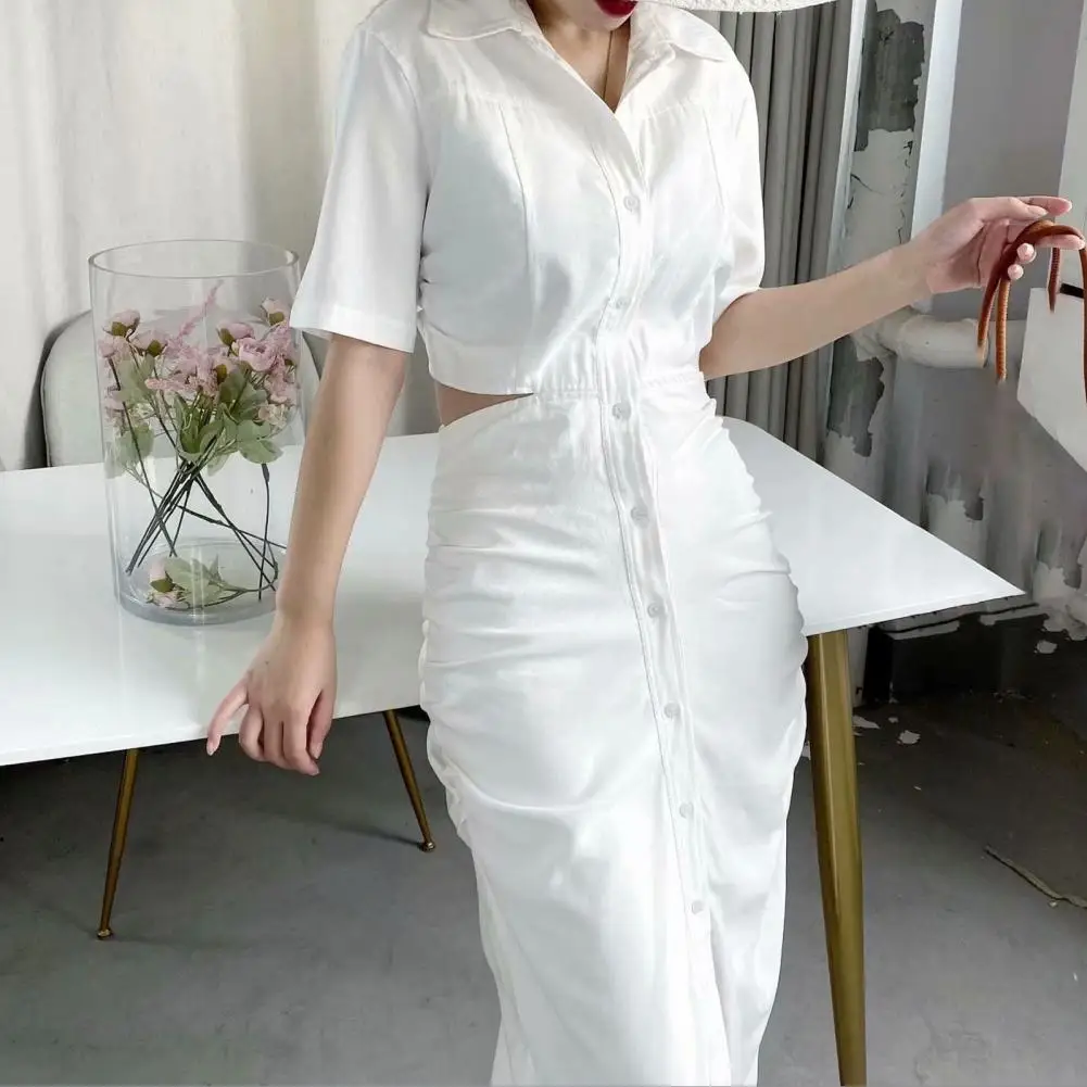 

2022 Summer Women Sexy Maxi Dress Turn-Down Collar Hollow Out Short Sleeve Club Party Long Dresses for women 2022 Vestidos