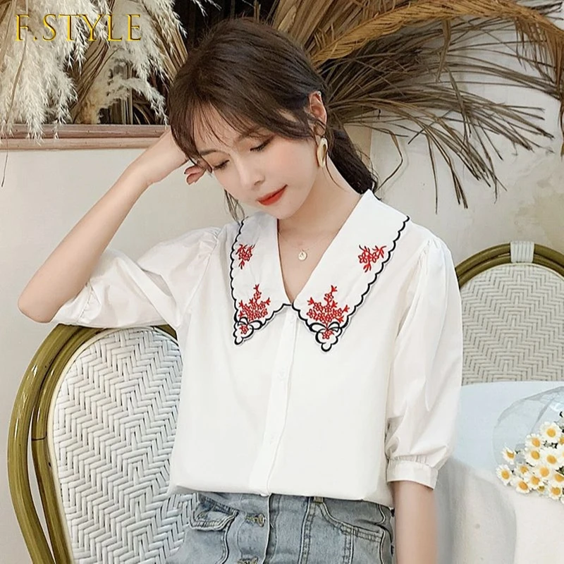 

Comelsexy Vintage Puff Sleeve Embroidery Blouse Women 2021 New Summer White Blue Korean Blouse Button Up Ladies Tops