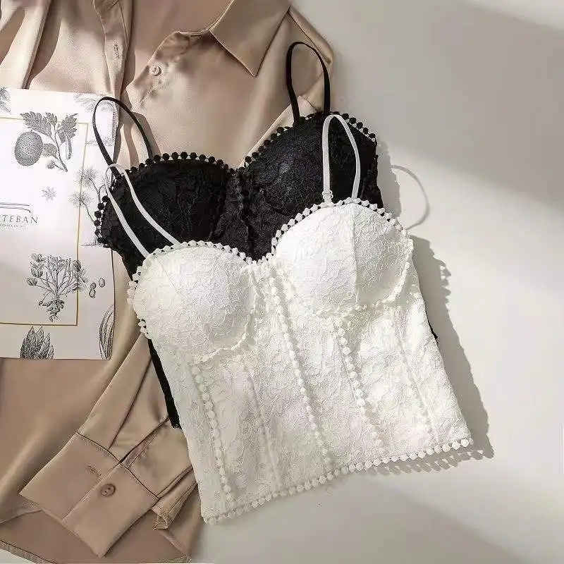 

Французская винтажная кофта SABINAX, сексуальный облегающий укороченный топ с кружевом для женщин, весенние майки на бретелях, нишевые накладки на грудь