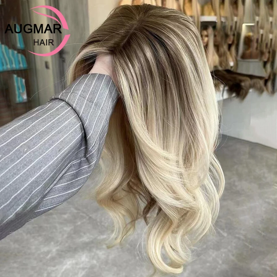 Фото Шелковый Топ, светлый кружевной передний парик, прозрачные волнистые человеческие волосы, парики для женщин, 200 плотность, хайлайтер, человеческие волосы, кружевной передний парик №1