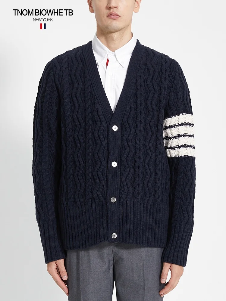 TB THOM Men's Thick Sweater Winter Fashion Brand Twist Knitted Coats Merino Wool Striped 4-Bar V-Neck Women's Cardigan Lovers