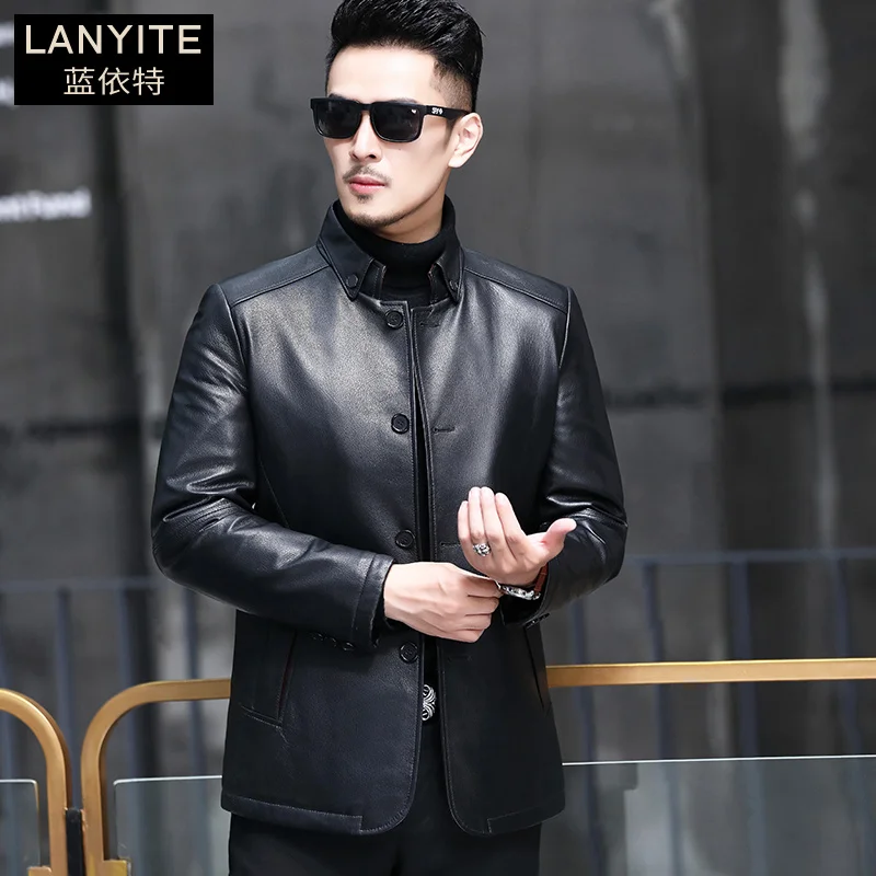 

Coats Casual Jacket High Coat Men's quality Genuine Goatskin Leather 20% Male Short Black White Veste Cuir Homme Duck Down