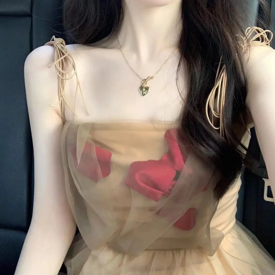 

Summer 2022 High Street Korean Beach Casual Skirt Vintage Floral Strap Dress Women Sexy Backless Evening Party Fairy Dress Femme