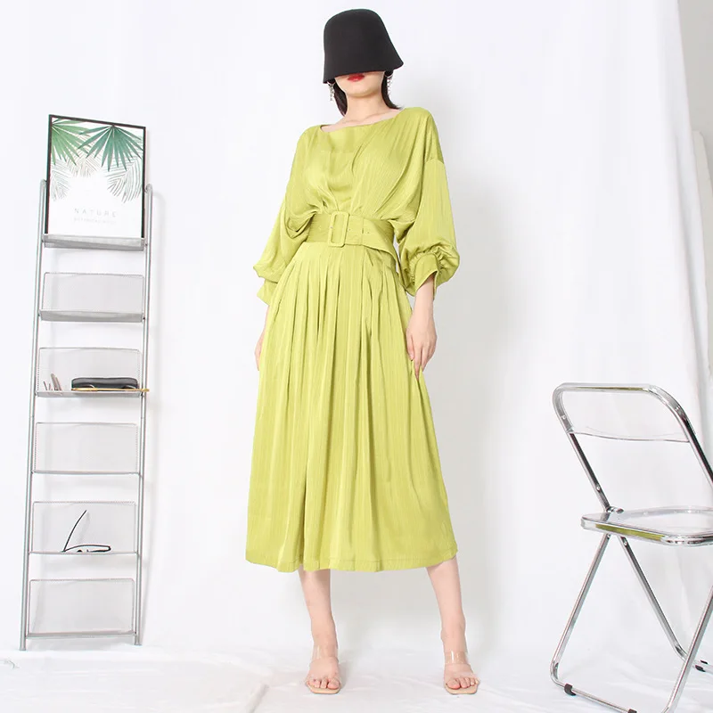 

Green Pleated Long Skirt 2022 Autumn Round Neck Long Sleeve Waist Slim Ruffle Dress Solid Color Cool Girl Maxi Dress Streetwear