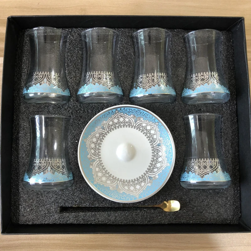 

6 Sets Turkish Tea Glasses Cups Set Saucers with Spoon Coffee Cup Romantic Exotic Glass Tea Cup Kitchen Decoration Gift Box