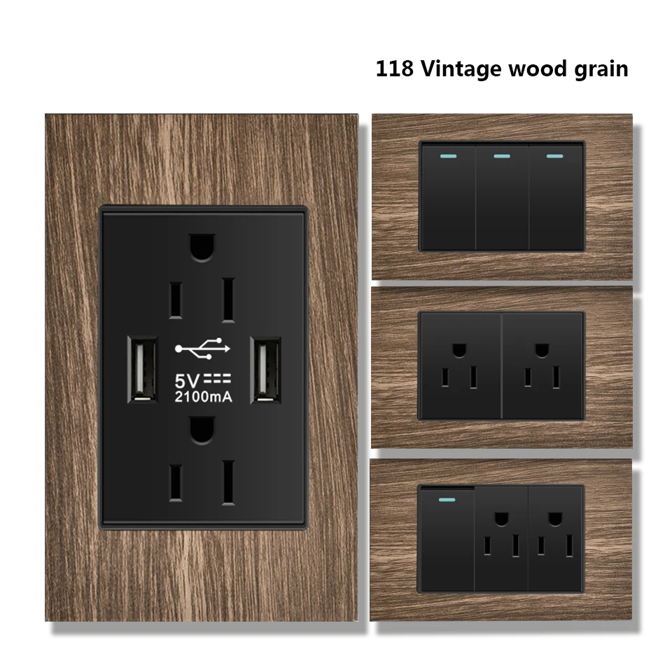 

US EU Retro Push Button 2Way Wall Switch Wood Grain Panel AC110-250V Power Socket American with USB Type-C Socket Light Switch