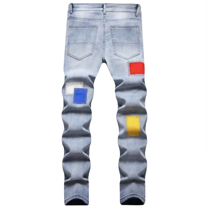 EH·MD® Men Jeans Embroidered With Rainbow Square Cloth Pure Cotton Stretch Slim Pants Scraped White Wearable High Street Fashion