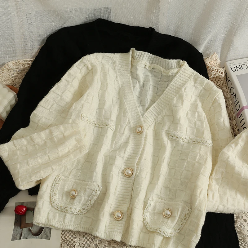 

Вязаный однобортный Кардиган WDMSNA с V-образным вырезом, модный свитер в клетку с длинным рукавом, короткий женский топ