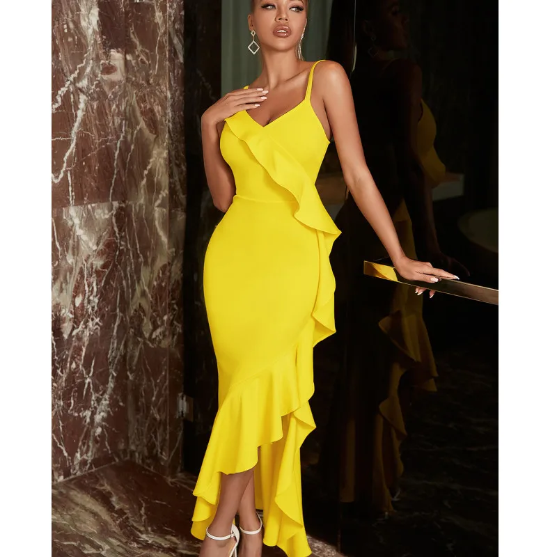 

2022 Women Sexy Ruffle Edge Slim Bakless V Camisole Lrregularity Yellow Bandage Dress Elegant Celebrity Knee Lenrth Dress