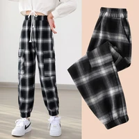 plaid cargo pants for teenage girls new fashion spring streetwear black sweatpants for girls children sport clothes 8 10 11 12y