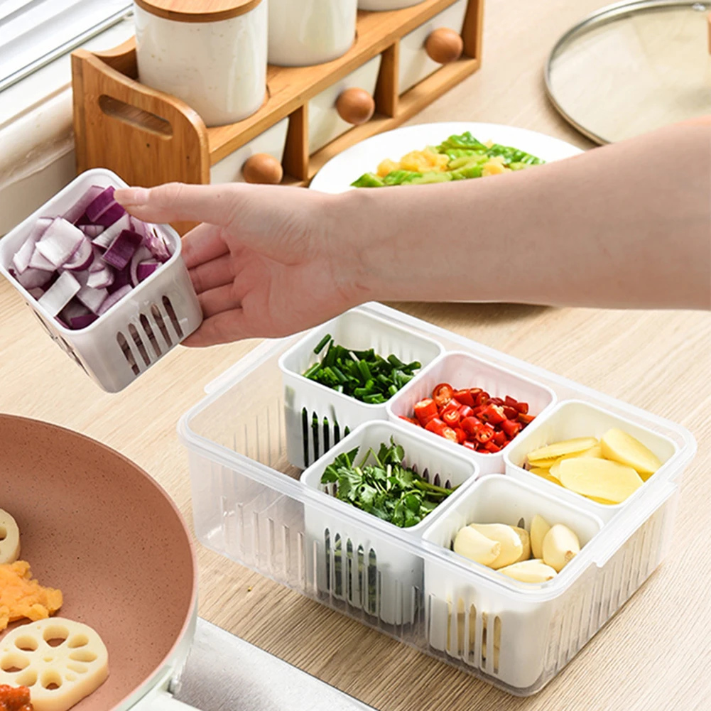 

Multifunctional 6-in-1 Refrigerator Storage Box Drain Sealed Fresh-keeping Box For Fruits Ginger Garlic Onion Kitchen Organizer