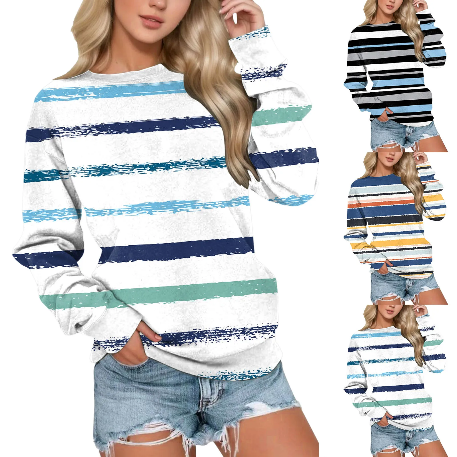 

Women Striped Printed Long Sleeve Sweatshirt Round Neck Loose Pullover Autumn Sweatshirt Top Thin Hoodies Women