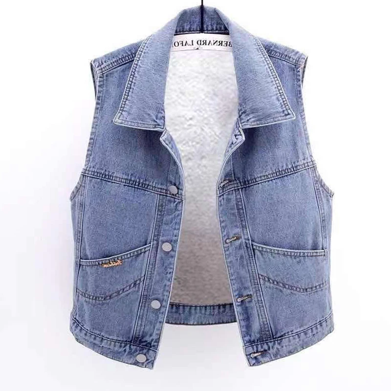 Зимний утепленный джинсовый жилет на флисовой подкладке из овечьей шерсти