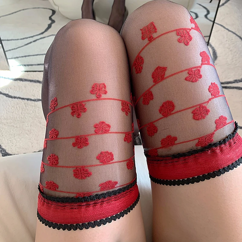 Exquisite Floral Lace Top Silk Stockings Oil Glossy Silicone Hold Up Thigh High Stockings Women Sexy Transparent Underwear