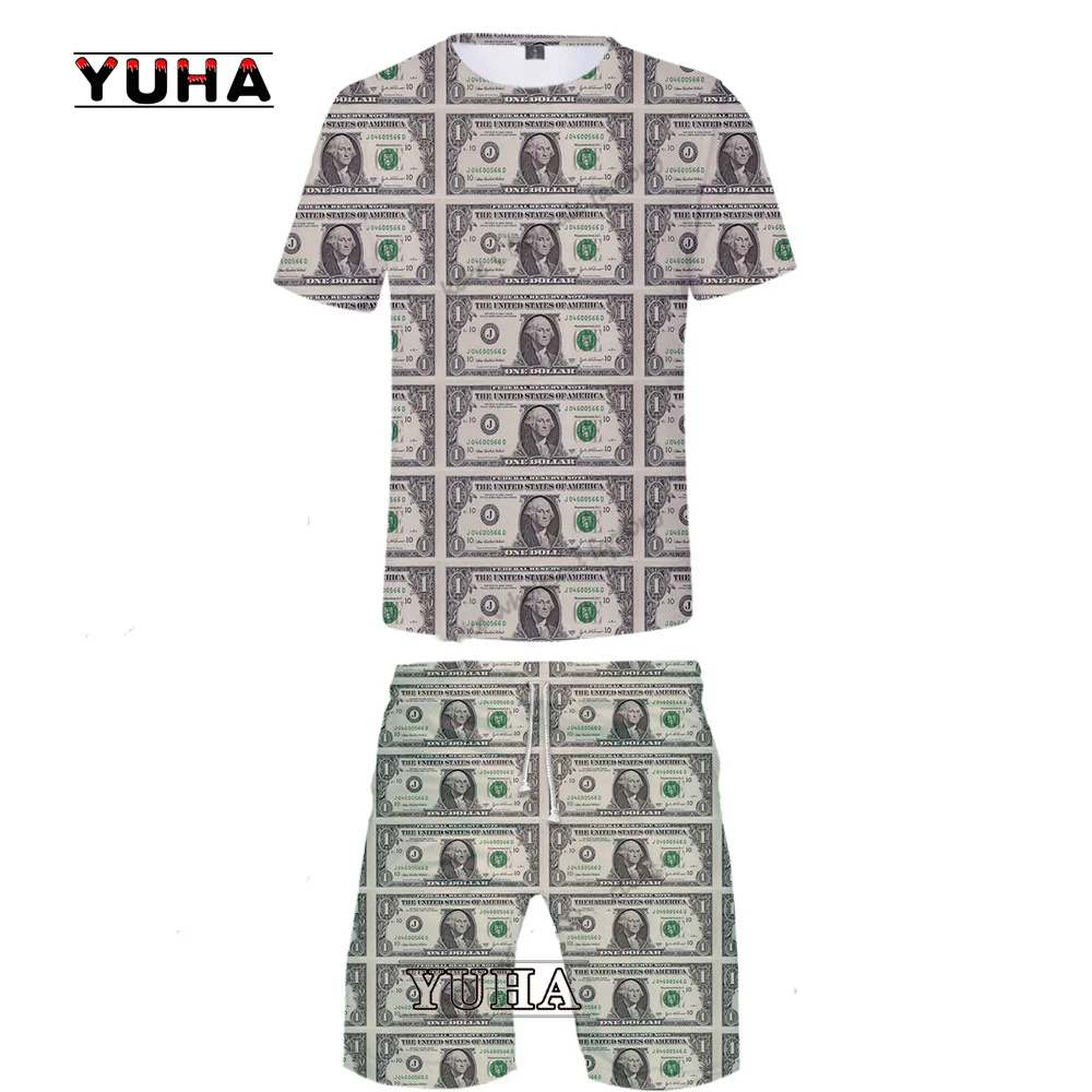 Men's Fashion Tracksuit Summer Dollars The United States 3D Print Casual Underwear Hip Hop Set Creative Man Two-piece Money Suit