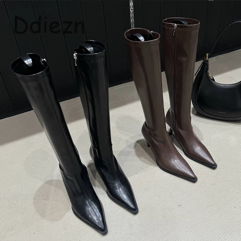 

Сапоги женские Стрейчевые на тонком каблуке, повседневная Осенняя обувь с боковой молнией, заостренный носок, высокие сапоги до колена