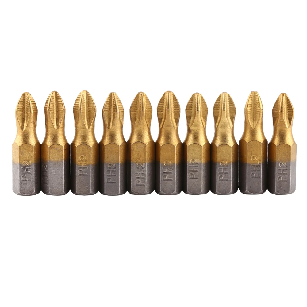 

10 Pcs Titanium Coated 1/4"Hex Shank 25mm Length PH2 Antislip Magnetic S2 Screwdriver Bits Set