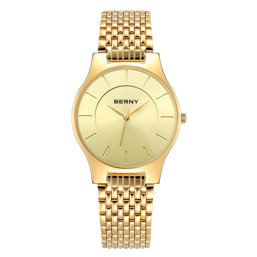 

BERNY Ultra-thin Watch for Men Gold Quartz Wristwatch Citizen Movement Waterproof Stainless Steel Golden luxury mens watch