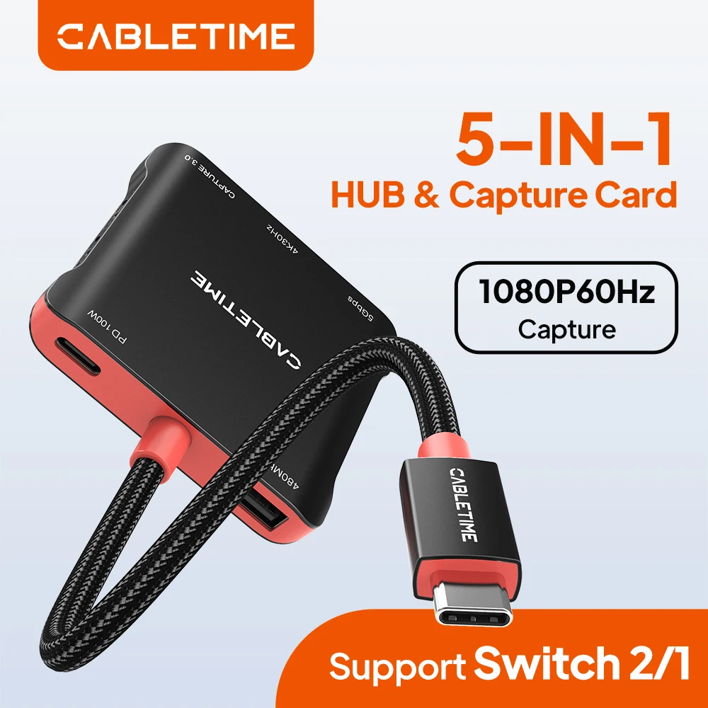 Фото CABLETIME USB-C хаб 5-в-1 с картой захвата видео, выходом 5 Гбит/с на ТВ, записью видео 1080P@60Hz, док-станция USB-C для MacBook, Switch 1/2, OLED-ноутбуков №1