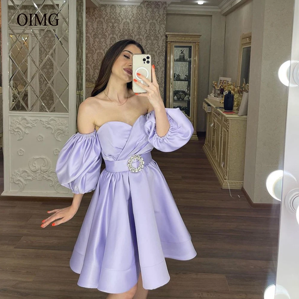 

OIMG Lavender Satin Short Party Dresses Sweetheart Puff Short Sleeves Mini Prom Gowns Evening Robe de cocktail Women Formal Wear