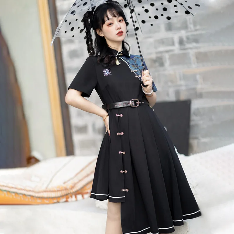 

Spring Summer New Original Women Chinese Style Vintage Button Hanfu Dress Lady Oriental Flower Print Tassel Performance Costume
