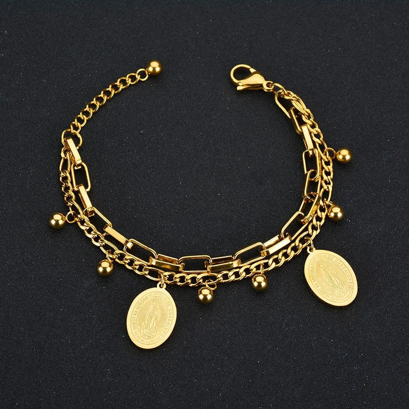 

Stainless Steel Jewelry Wholesale Bohemian Dark Wind Virgin Mary Round Plaque Double Layer Ladies Bracelet Wholesale to Resell
