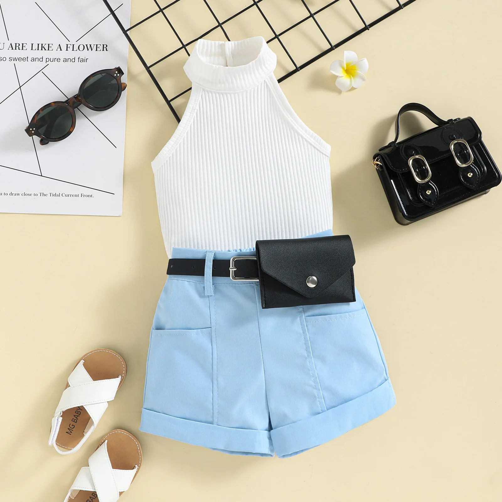 

Baby Clothes for Girls Children Casual Outfits Infant Solid Halterneck Top + Shorts With Waist Bag 2pcs Set Toddler Clothing
