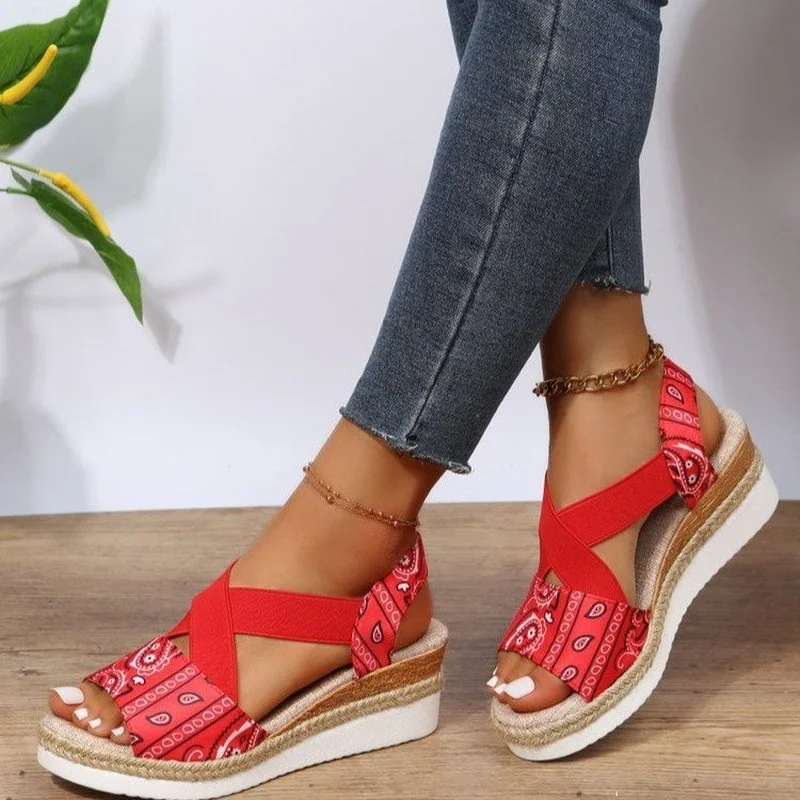 

Sandals Woman Summer 2022 New Flock Print Peep Toe Weave Wedge Fashion Shoes Women Outdoor Beach Walk Casual Sandalias De Mujer