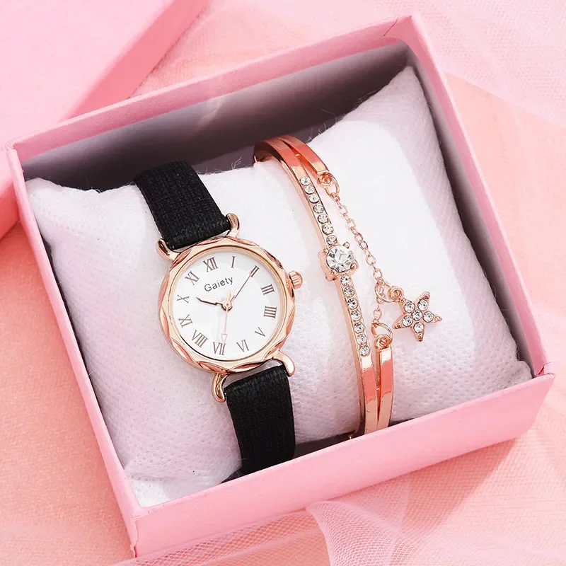 Brand 2pcs Set Casual Watch For Women Rhinestone Bracelet Watch Leather Ladies Wrist Clock Simple Dress Gfit Montre Femme
