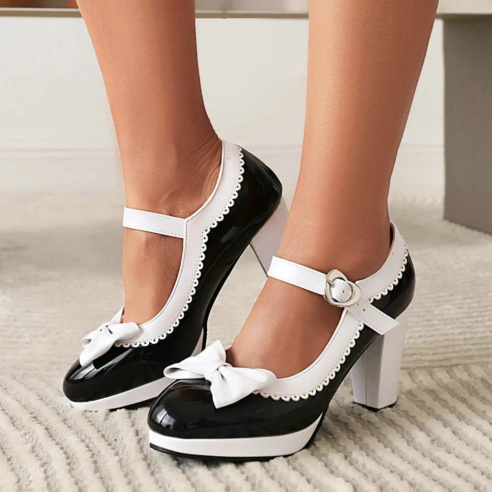 Eokkar Bow Lolita Shoes Patent Leather Mary Janes Block High Heel Platform Pumps Chunky Rockabilly Shoes Wedding Shoes Bride