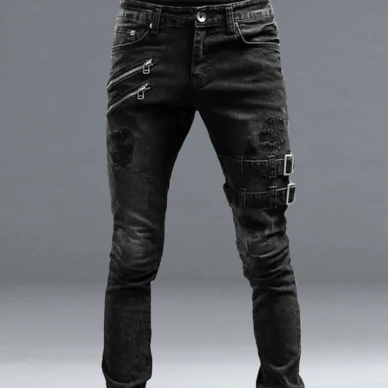 Black Slim Straight Leg Jeans Man Pants Cacual Ripped Jeans Male Streetwear Youth Man Clothes Moto Harajuku Long Denim Trousers
