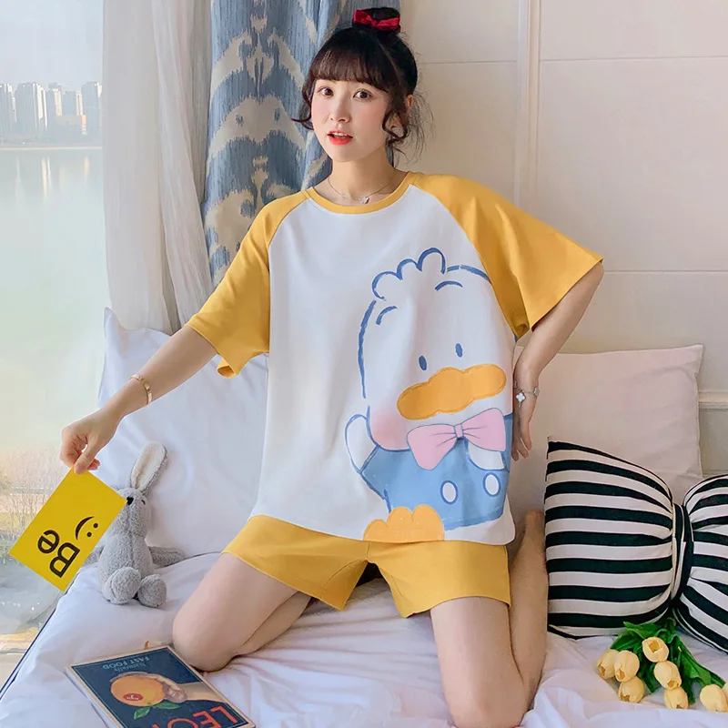 

Мультяшные пижамы, Женский пуловер с круглым вырезом, шорты с коротким рукавом, милая Повседневная модная пижама из двух частей для домашне...