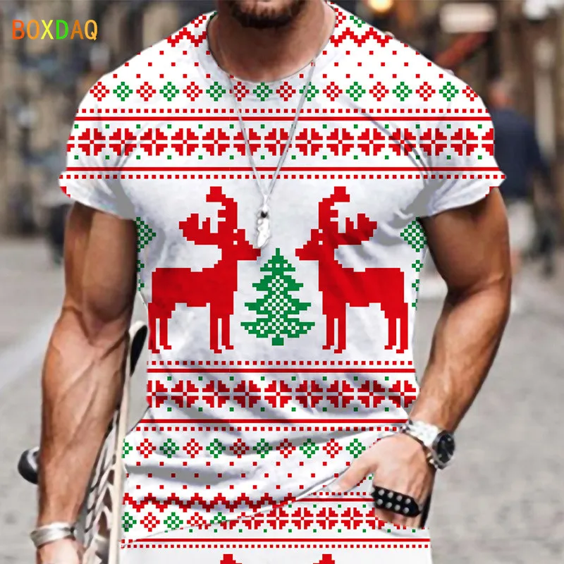

Male T-Shirt Christmas Cartoon Elk Print Tees Harajuku Casual Style Cool Breathable T-shirt Oversized Men's Christmas Party Tops
