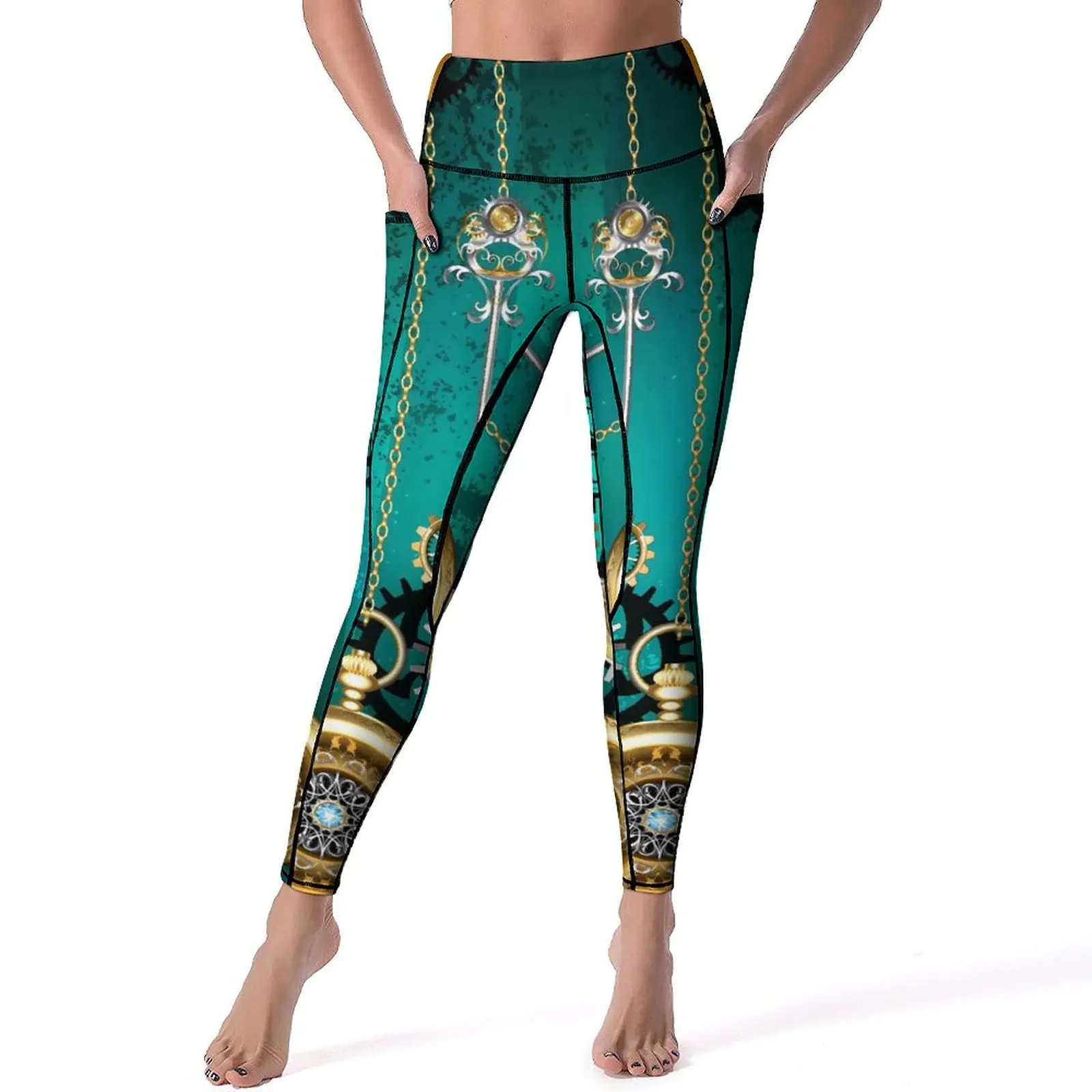 

Steampunk Print Yoga Pants Pockets Jewelry Watch Leggings Sexy Push Up Casual Yoga Sports Tights Stretch Custom Workout Leggins