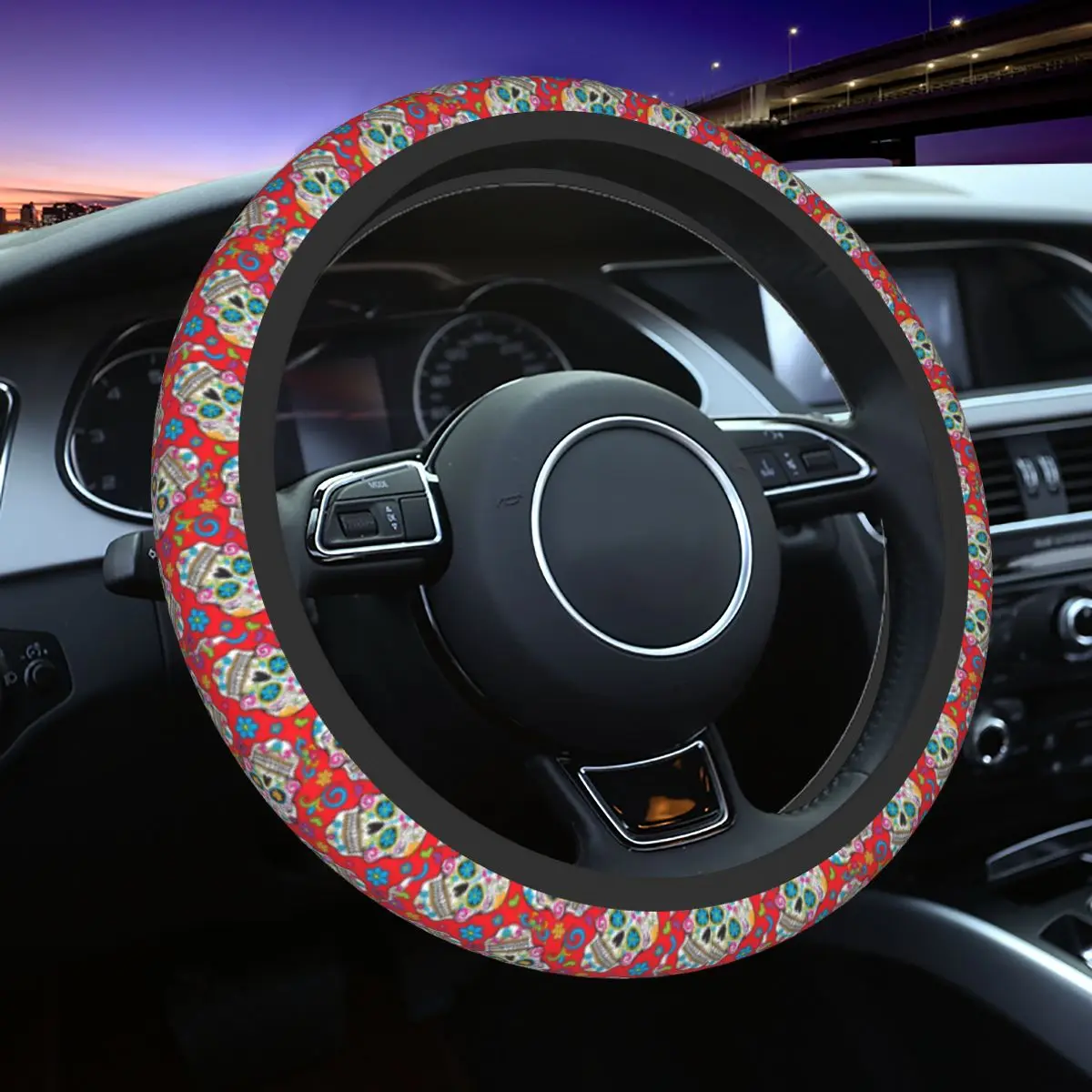 

Sugar Skull Car Steering Wheel Cover 38cm Elastic Skull Art Auto Steering Wheel Protector Fashion Car-styling Car Accessories