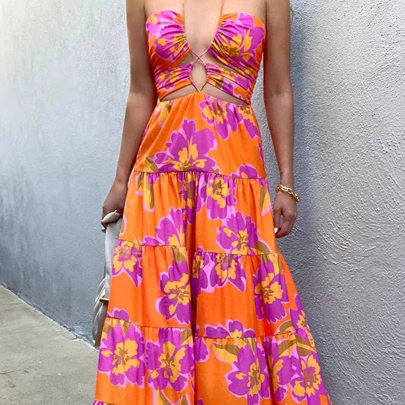 

2023 New Fashion Print Swimwear Sexy Hollow Long Waist Sling Dress Bikini Beach Wear Backless One-piece Swimsuit