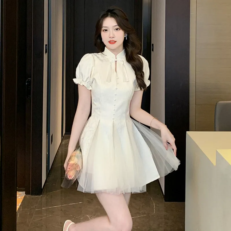 

Китайское модное Сетчатое платье чонсам, новинка 2023, популярное короткое стильное улучшенное белое черное платье для молодых девушек, женское платье