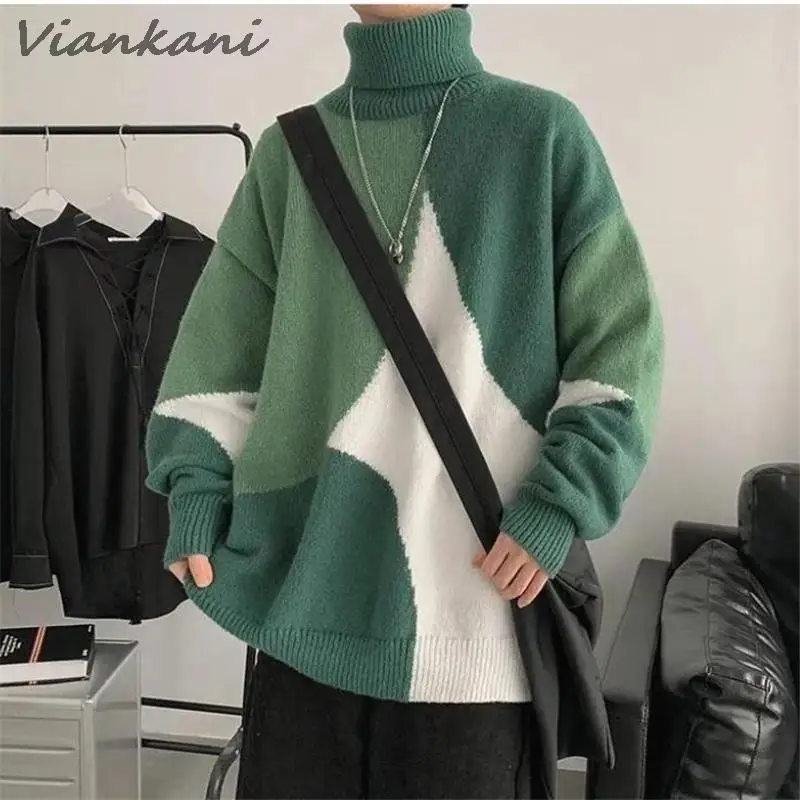 

Fashion Turtleneck Sweater Men Autumn Winter Knitted Pullover Colors Patchwork Trendy Streetwear Male Baggy Knitwear Sweaters