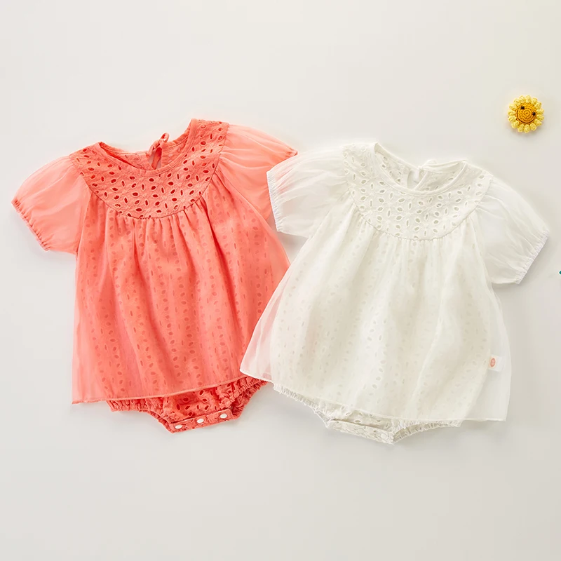 

Infant Baby Girls Jumpsuit Short Sleeve Cotton Hollowed Out Mesh Splicing Toddler Baby Girl Romper Baby Girls Clothes For Summer