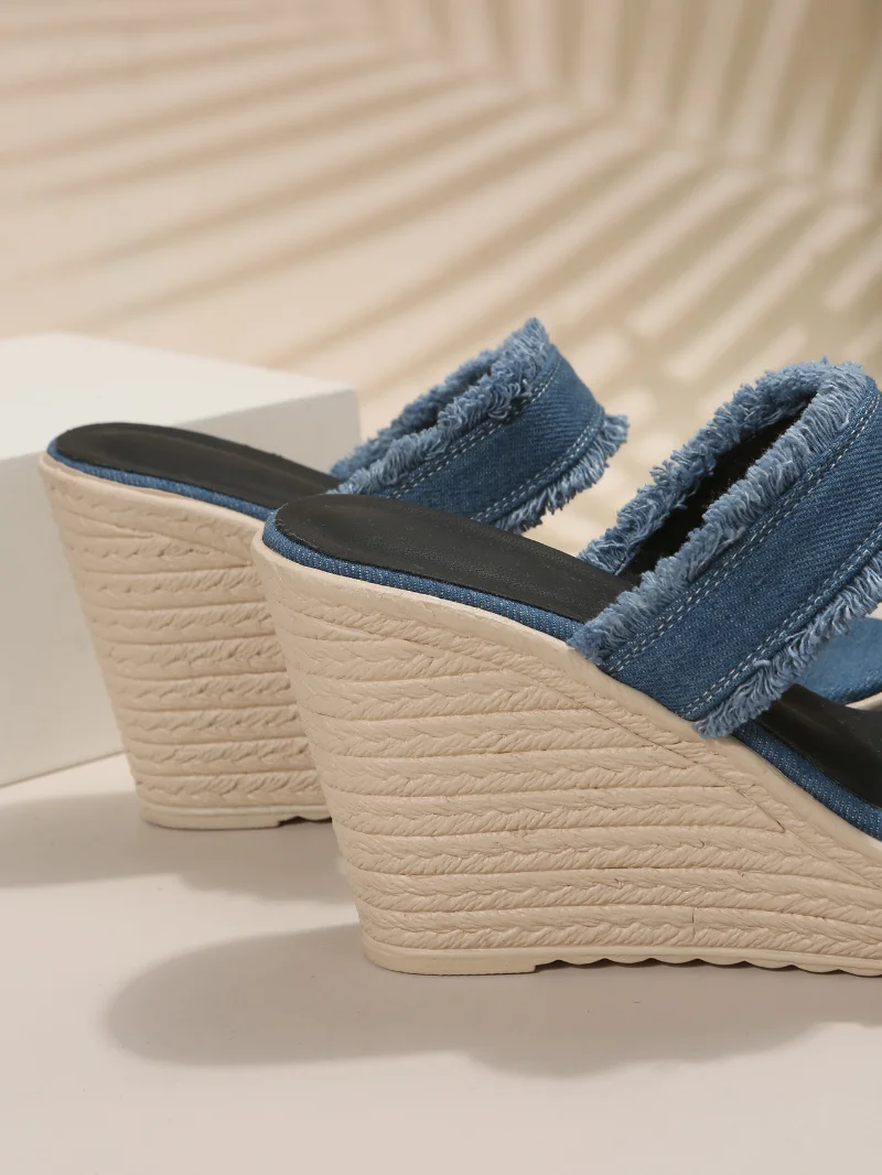 2023 Women Denim Summer Wedges High Heels Shoes Straw Women's Espadrilles Mules Slipper Sandals  Slip on Platform Leisure