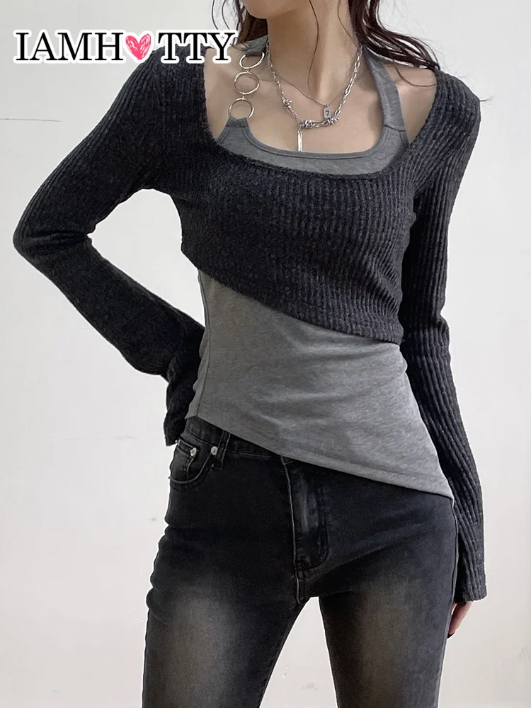 

IAMHOTTY ремень с цепочкой Женский комплект 2 шт. Halter Camis and джемпер корейский стиль шикарные трикотажные пуловеры винтажная Повседневная футбол...