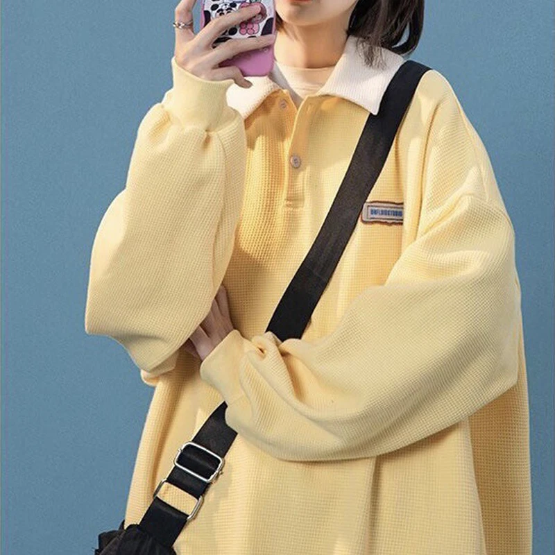 

Korean Fashion Oversized Female Sweatshirt Preppy Style Polo Pullovers Patchwork Loose Female Clothing Student Sweatshirts